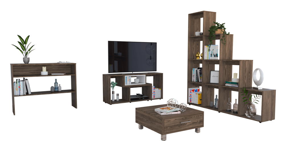 Rack Extensible + Biblioteca Escalera + Arrimo + Mesa de Centro Beijing Color Coñac y Blanco Para Sala De Estar